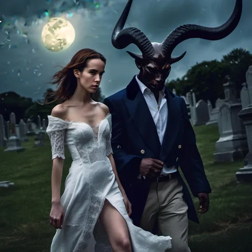 Prompt: <mymodel> young woman, in a high slit evening gown with a lace front and a collar, waltzes with a handsome demon in a churchyard under the full moon and storm clouds. He has large curved horns.