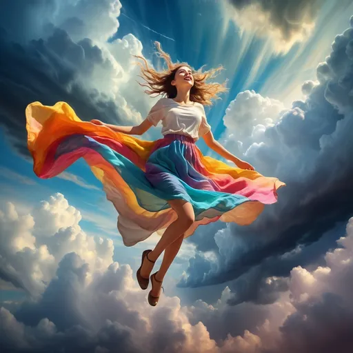 Prompt: (surrealism style), vibrant colors, (expressions of pure joy), thin young woman flying above storm clouds, loose strips of clothing lightly flowing in the wind, expansive sky filled with dramatic cloud formations, glowing light peeking through the clouds, enchanting atmosphere, dreamlike quality, ultra-detailed, high definition, whimsical elements blending sky and fantasy.