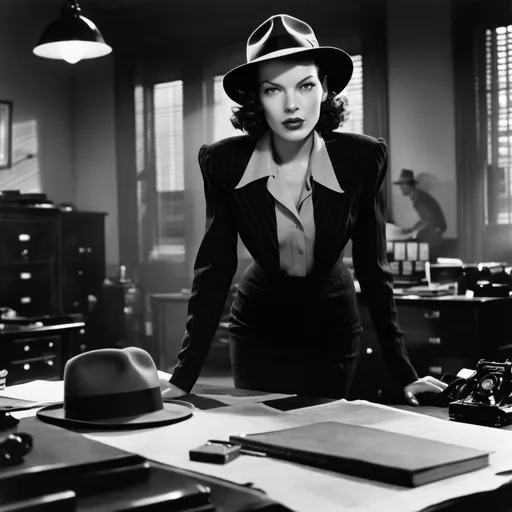 Prompt: milla jovovich meets bela lugosi, film noir detective, wearing fedora, darkened office, laying on desk