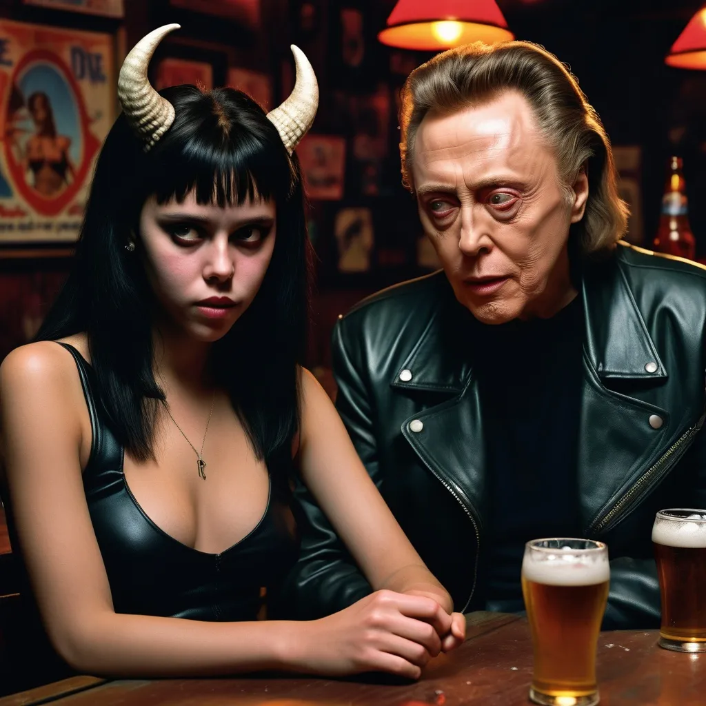 Prompt: A young pretty female demon is sitting in a dive bar, drinking a beer with Christopher Walken