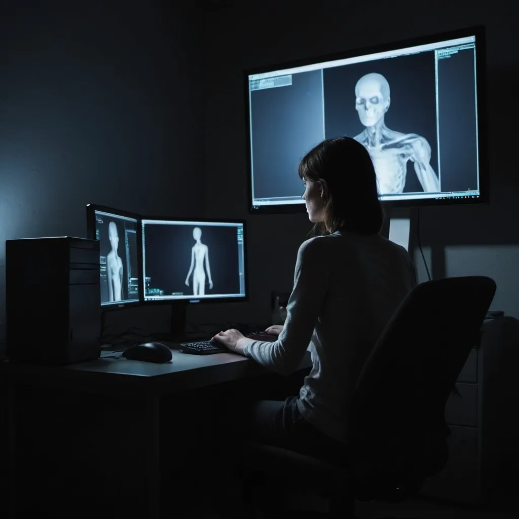 Prompt: a person sits in front of a computer in a dark room, the only light coming from the monitor. It's hard to tell if the person is a male or female, because it is a slender figure. There is a mysterious air about the scene.