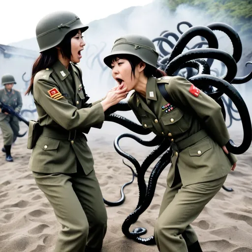 Prompt: thin lesbian Japanese soldiers scared while touched by smokey black tentacles