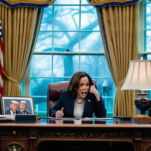 Prompt: Kamala Harris is  at the desk in the Oval office. Donald Trump is outside the window behind her, pushing his face against the glass while yelling.