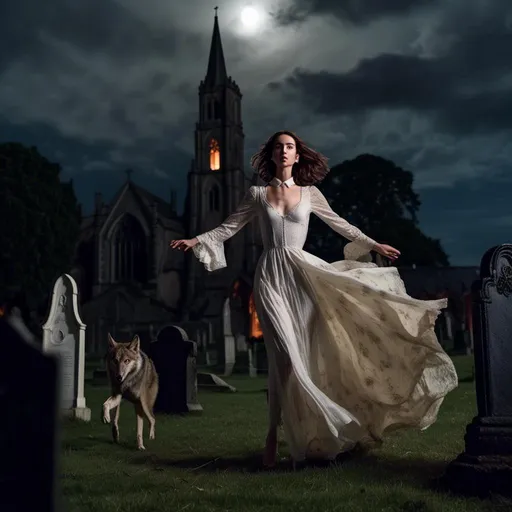 Prompt: <mymodel> young woman, in a high slit evening gown with a lace front and a collar, waltzes with werewolf in a churchyard under the full moon and storm clouds.