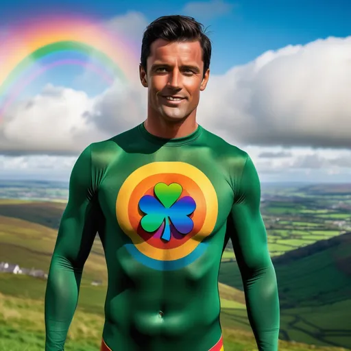 Prompt: He is a handsome man with dark hair and tanned skin. He is  Rainbow, dressed in a dark green bodysuit. He has a multi-colored shamrock icon on his chest. He is flying through the sky, high above the green valleys of Ireland.