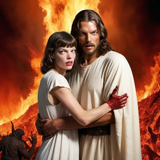 Prompt: Jesus Christ meets Milla Jovovich in Hell