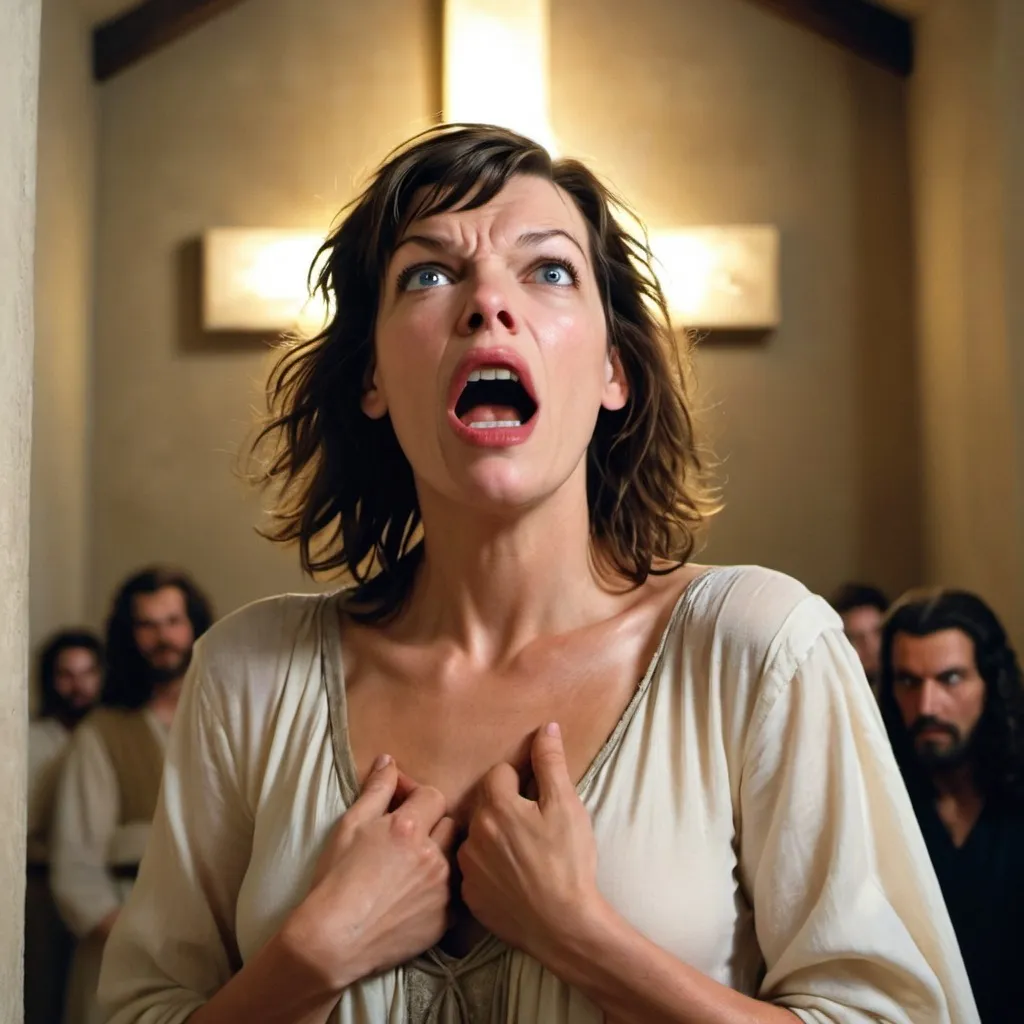 Prompt: milla jovovich staring at Jesus Christ, surprised