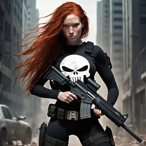 Prompt: She is a slender young woman with wild red hair and lots of freckles all over her body. She is the new Punisher in full battle gear and carrying a large assault rifle.