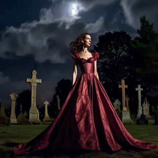 Prompt: <mymodel> young woman, in a high slit evening gown with a lace front and a collar, waltzes with werewolf in a churchyard under the full moon and storm clouds.