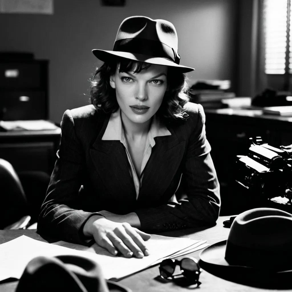 Prompt: milla jovovich, film noir detective, wearing fedora, darkened office, laying on desk