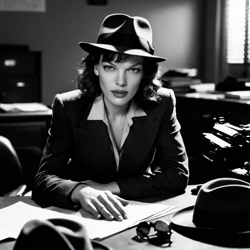 Prompt: milla jovovich, film noir detective, wearing fedora, darkened office, laying on desk