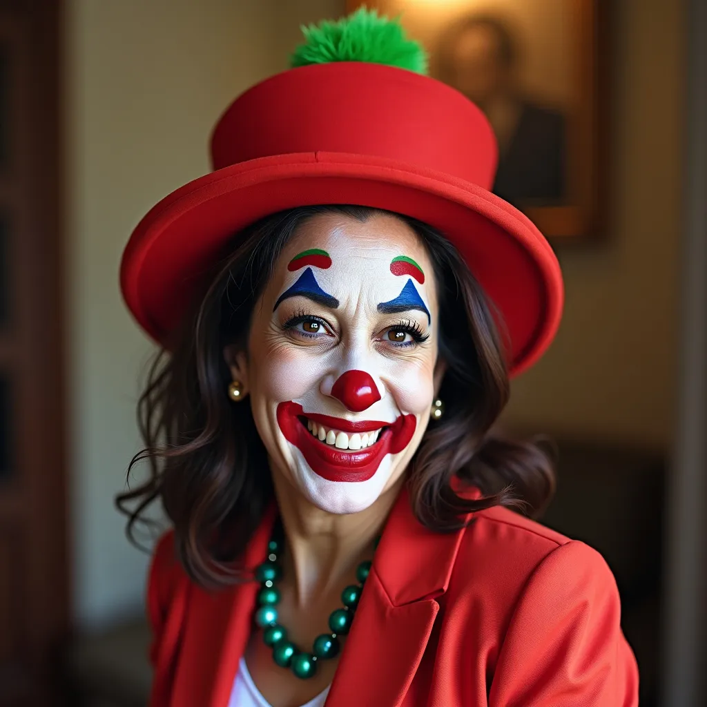 Prompt: Kamala Harris is wearing clown make-up and a funny hat