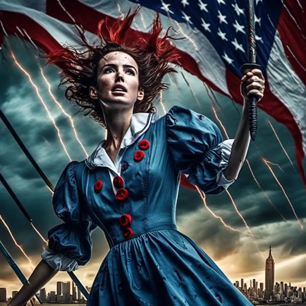 Prompt: <mymodel>(misc-macabre style), (Puddles the Evil Clown) (Donald Trump), sword fight, (Statue of Liberty) backdrop, stormy sky, dramatic lighting with lightning streaks, dark color scheme, intense atmosphere, turbulent clouds, fierce expressions, cinematic composition, high detail, (ultra-detailed), (dynamic action), dark tones of blue and grey, electric contrasts.