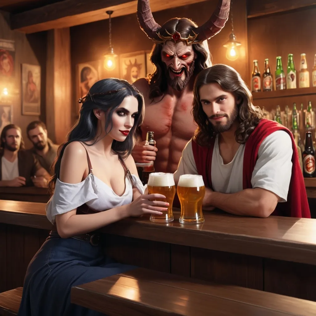 Prompt: A pretty female demon is sitting in a bar with handsome (Savior Jesus Christ). They are drinking beer.