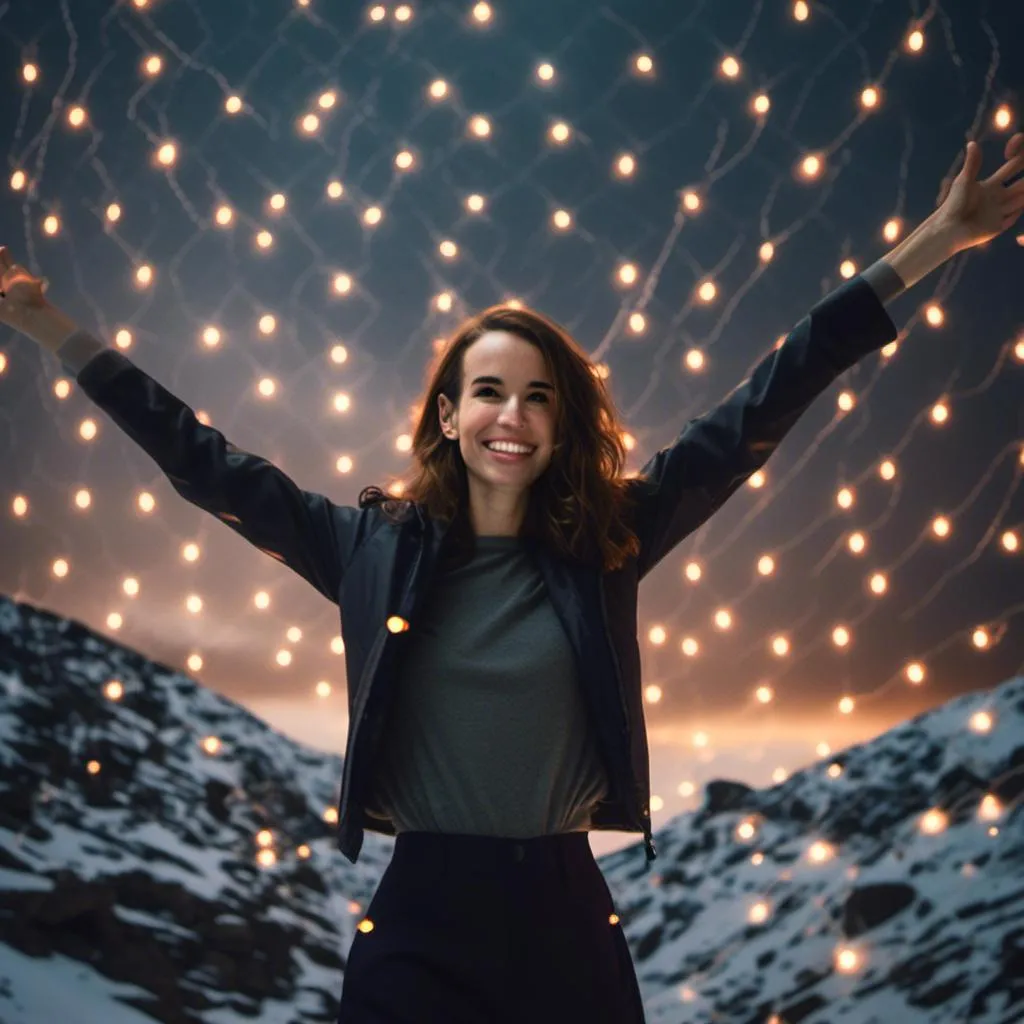 Prompt: <mymodel> is standing on the edge of oblivion, a dark chasm filled with sparkling lights. A stormy sky is overhead. She is smiling and waving goodbye to the viewer.