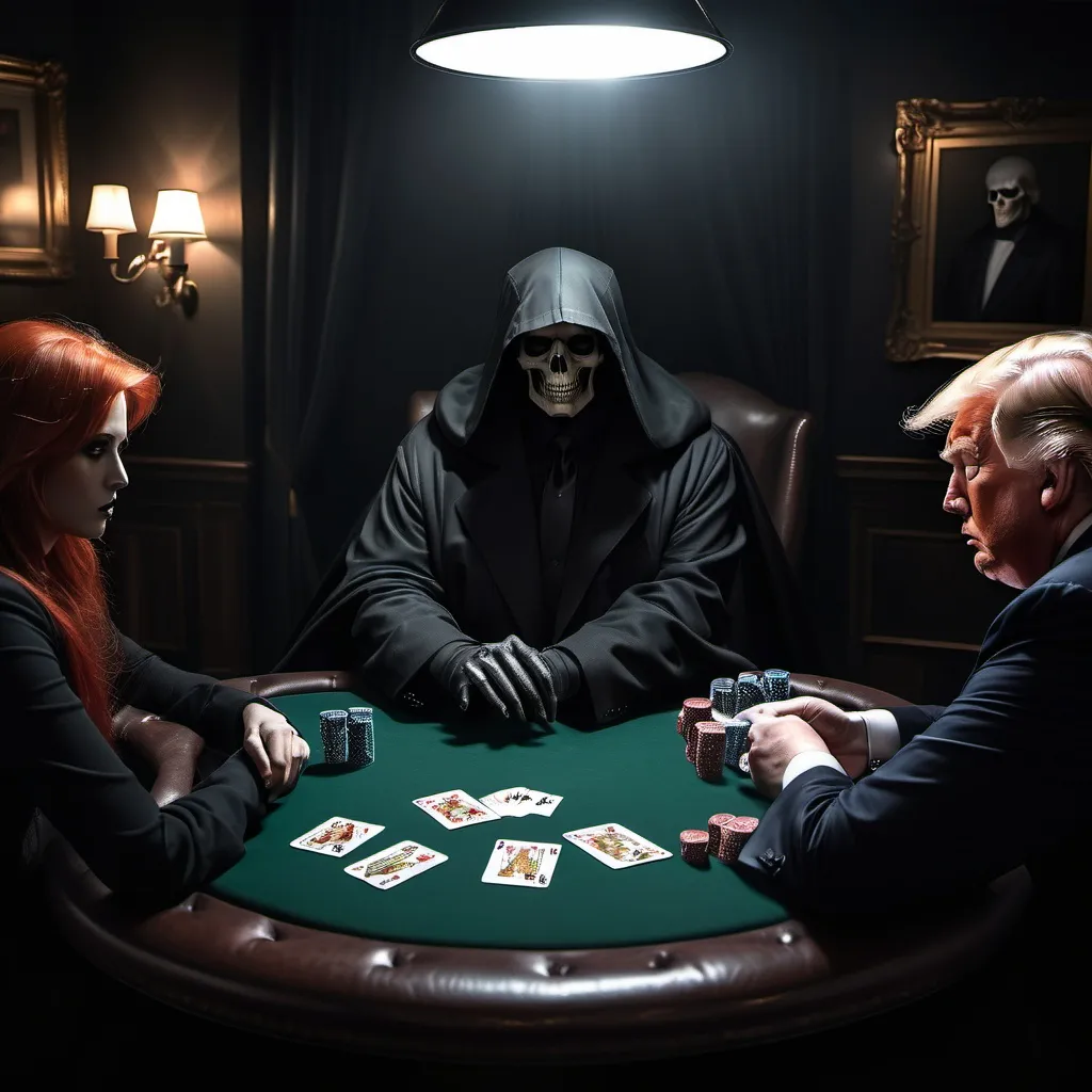 Prompt: Donald Trump and the Grim Reaper are playing poker. The Grim Reaper is a young woman with wild red hair in a large black cloak. The room is dark and the only strong lights are on Donald Trump and the Grim Reaper. Other players at the table are partially hidden in shadows, appearing more likee smoke than human beings..