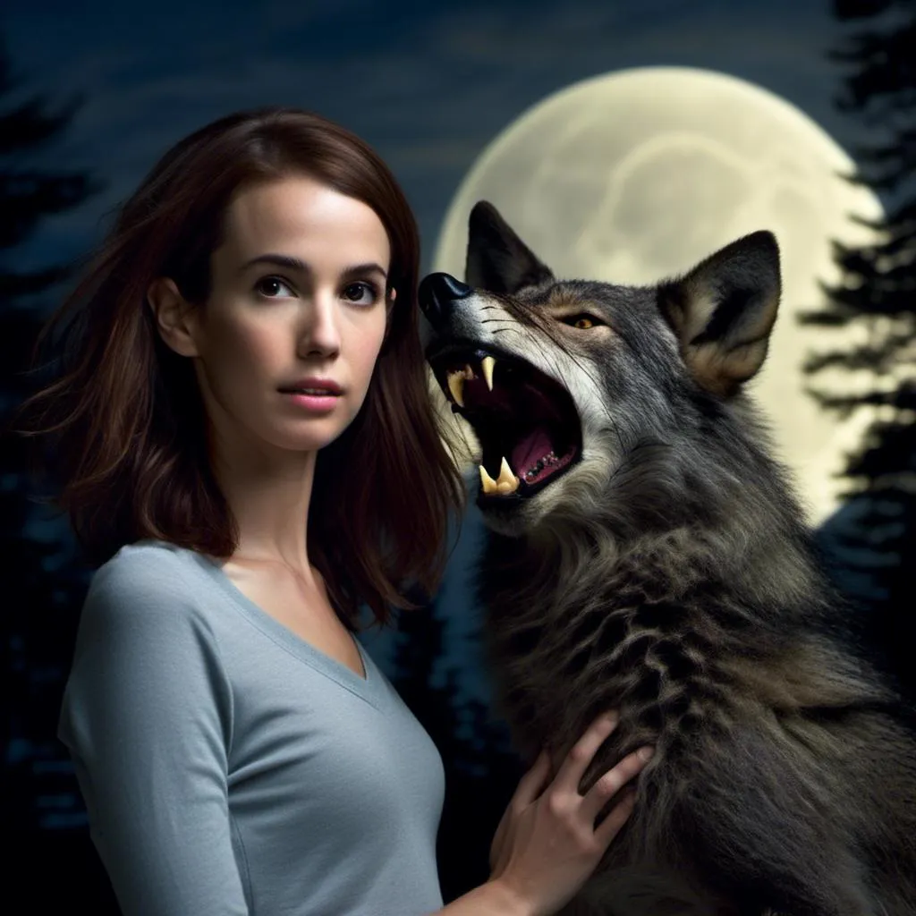 Prompt: <mymodel> young woman loves a werewolf and is with him under the full moon