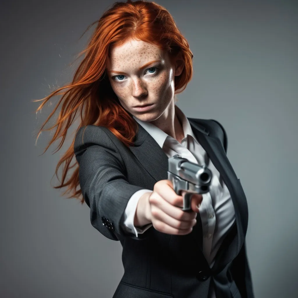 Prompt:  a slender young woman with wild red hair and lots of freckles all over her body. She is the new 007, wearing a woman's business suit and aiming an automatic handgun at the viewer.