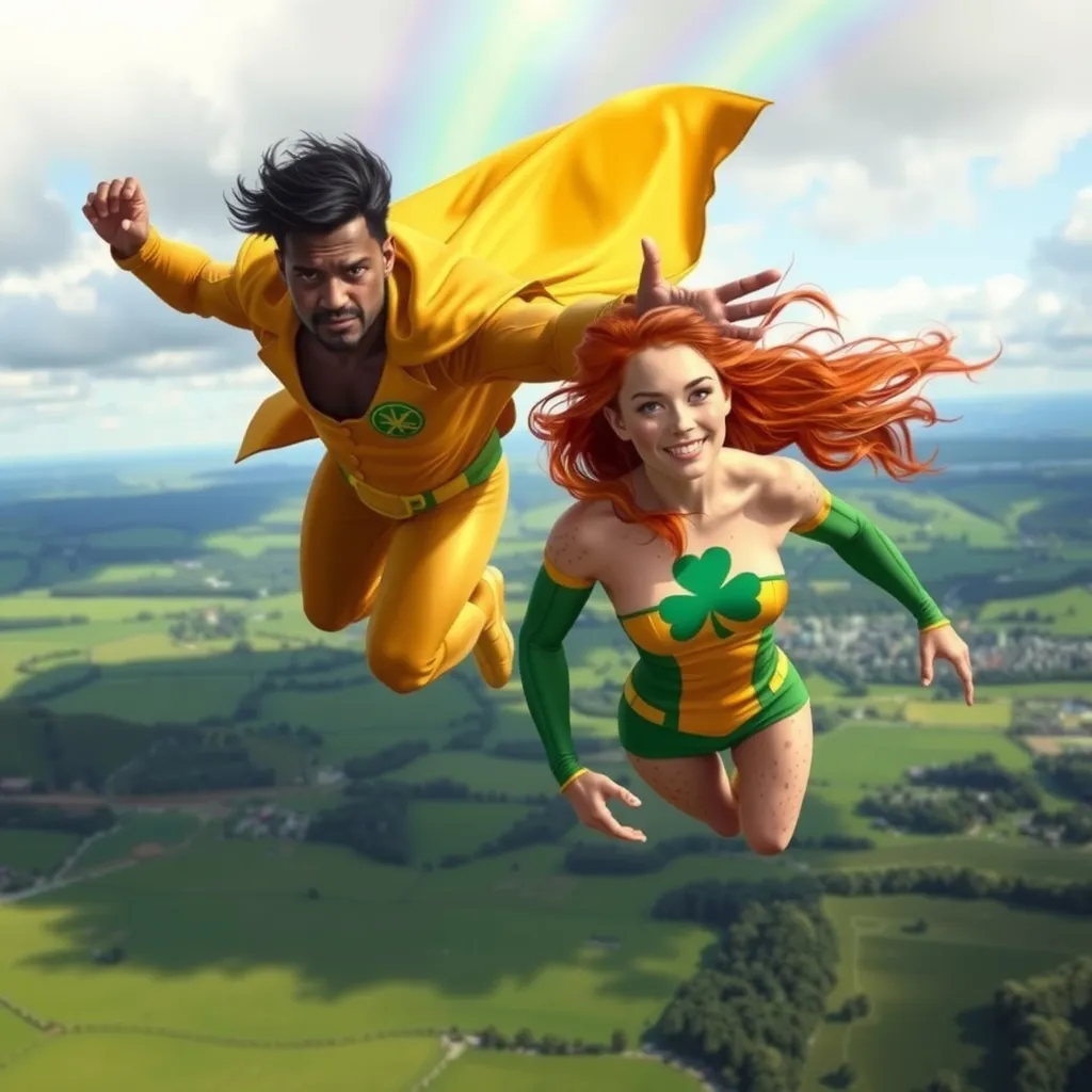 Prompt: Two superheroes are flying over the green valleys of Ireland.

One is a blackhaired man is dressed in a golden leprechaun outfit. Rainbows appear in his wake. He is Rainbow.

The other is a slender young woman with wild red hair and lots of freckles all over her body. She is wearing a green bodysleeve that has a silhoutte of a shamrock on her chest.  She is Irish Spring.