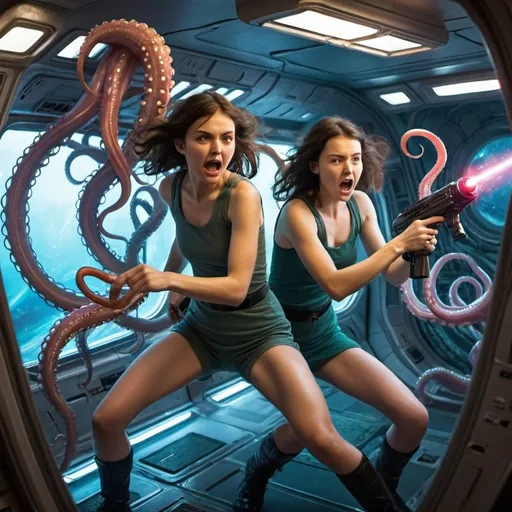 Prompt: young women fighting alien tentacles on spaceship