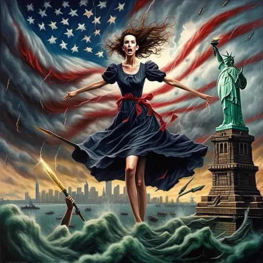 Prompt: <mymodel>(surrealism style), (dark color scheme), Donald Trump and a young woman, fighting each other with swords, atop the Statue of Liberty, storm raging overhead, flashes of lightning cutting through the ominous night sky, giant ghostly Puddles the Clown outlined in swirling clouds, high detail, dramatic atmosphere, powerful emotions, cinematic composition, ultra-detailed, dynamic scene.