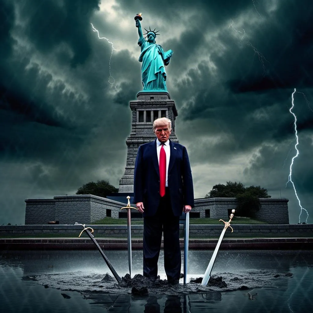 Prompt: <mymodel>(misc-macabre style), (Puddles the Evil Clown) (Donald Trump), sword fight, (Statue of Liberty) backdrop, stormy sky, dramatic lighting with lightning streaks, dark color scheme, intense atmosphere, turbulent clouds, fierce expressions, cinematic composition, high detail, (ultra-detailed), (dynamic action), dark tones of blue and grey, electric contrasts.