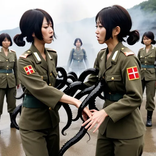 Prompt: thin lesbian Japanese soldiers scared while touched by smokey black tentacles