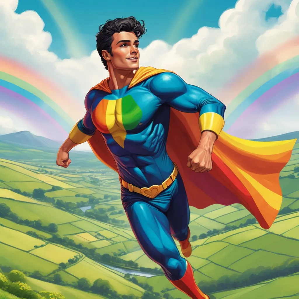 Prompt: He is a handsome young man with dark hair and tanned skin. He is the superhero Rainbow. He has a multi-colored shamrock on his chest. He is flying through the sky, high above the green valleys of Ireland.