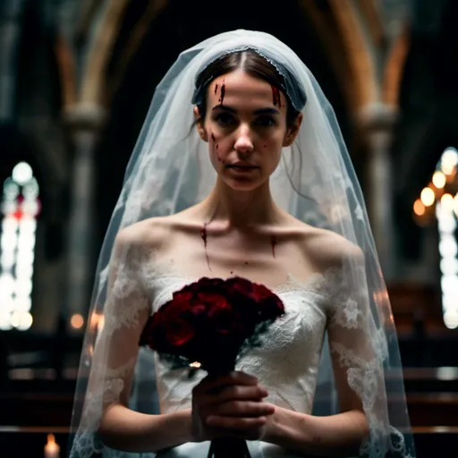 Prompt: <mymodel>woman in a veil and a  blood-spattered wedding gown stands in a darkened gothic church with a demonic priest. Dark and mysterious atmosphere.