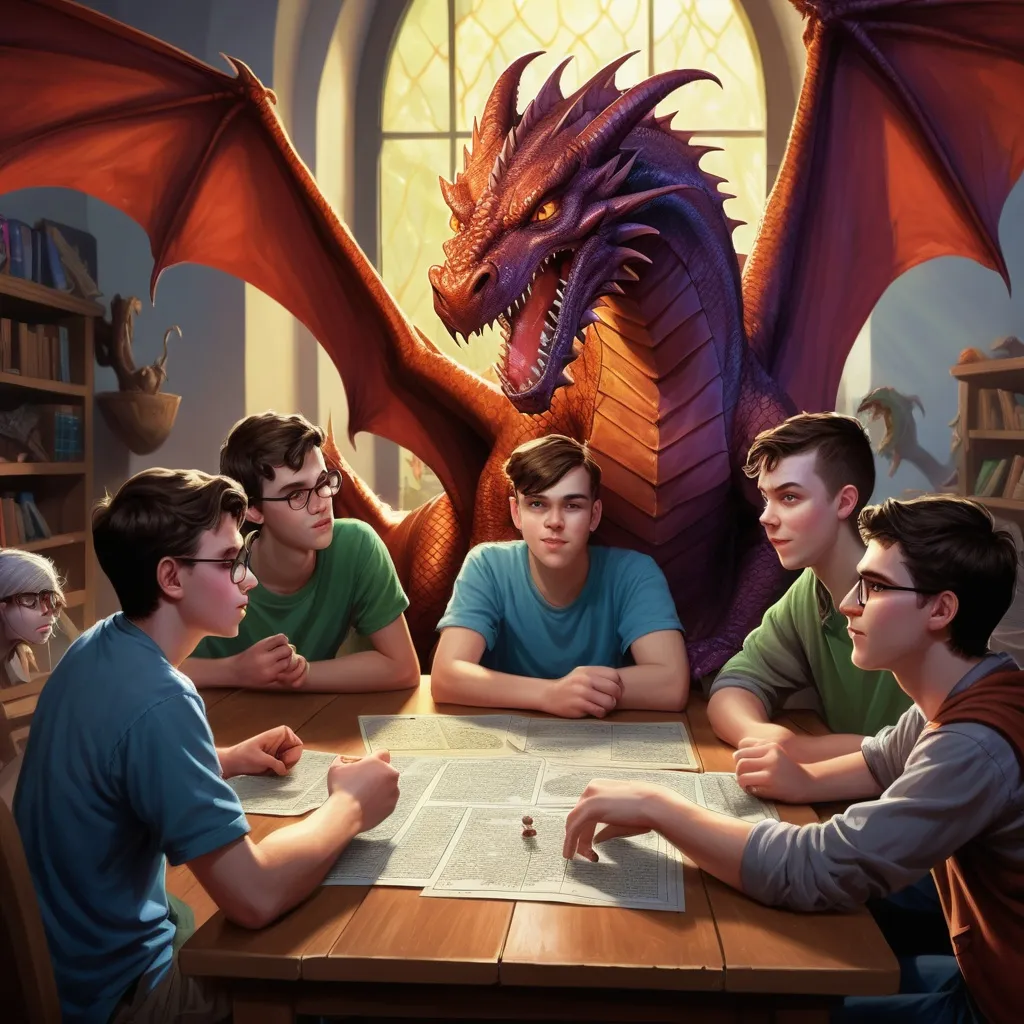 Prompt: he is playing D&D with his best friends. They are modern teenagers, but a dragon lurks in the background.