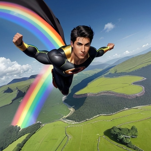 Prompt: He is a handsome young man with dark hair and tanned skin. He is the superhero Rainbow. He is flying through the sky, high above the green valleys of Ireland.