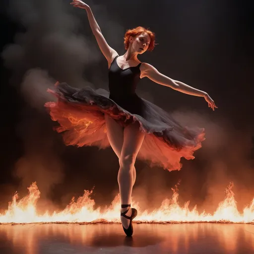 Prompt: She is a ballerina in pointe shoes wearing a solid black costume with short messy red hair and lots of freckles all over her body. She is dancing on a stage that is on fire, in a theatre that is burning to the ground. The entire image is full of fire and smoke. She dances, unconcerned, leaping through fire across the stage.