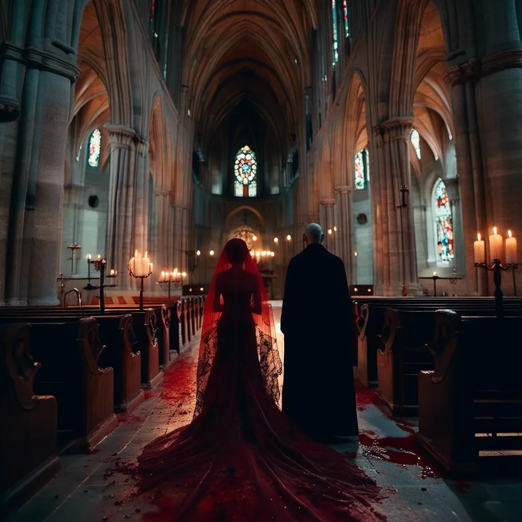 Prompt: <mymodel>woman in a veil and a  blood-spattered wedding gown stands in a darkened gothic church with a demonic priest. Dark and mysterious atmosphere.