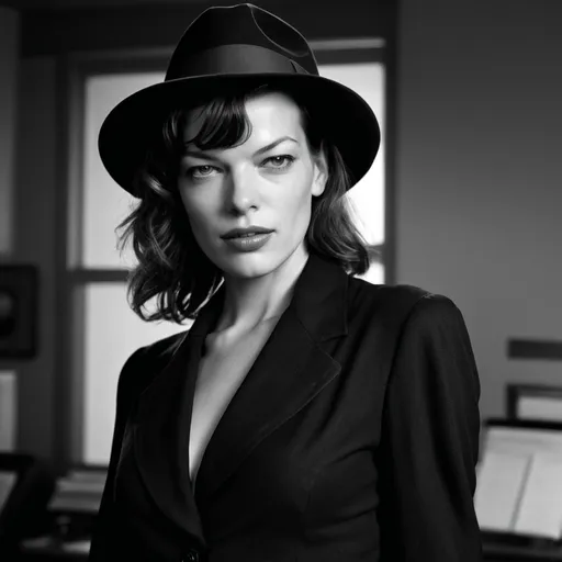 Prompt: milla jovovich, film noir detective, wearing fedora, darkened office