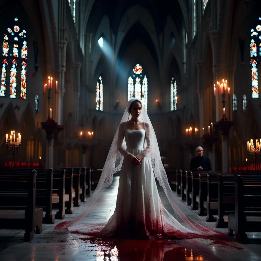 Prompt: <mymodel>woman in a veil and a  blood-spattered wedding gown stands in a darkened gothic church with a demonic priest. Dark and mysterious atmosphere.