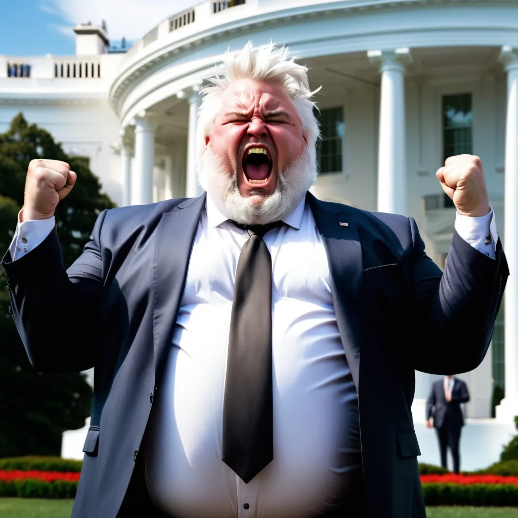 Prompt: A bearded fat man with messy white hair, in a disshelved suit, is standing outside the White House, shaking his fists at the sky and screaming angrily.