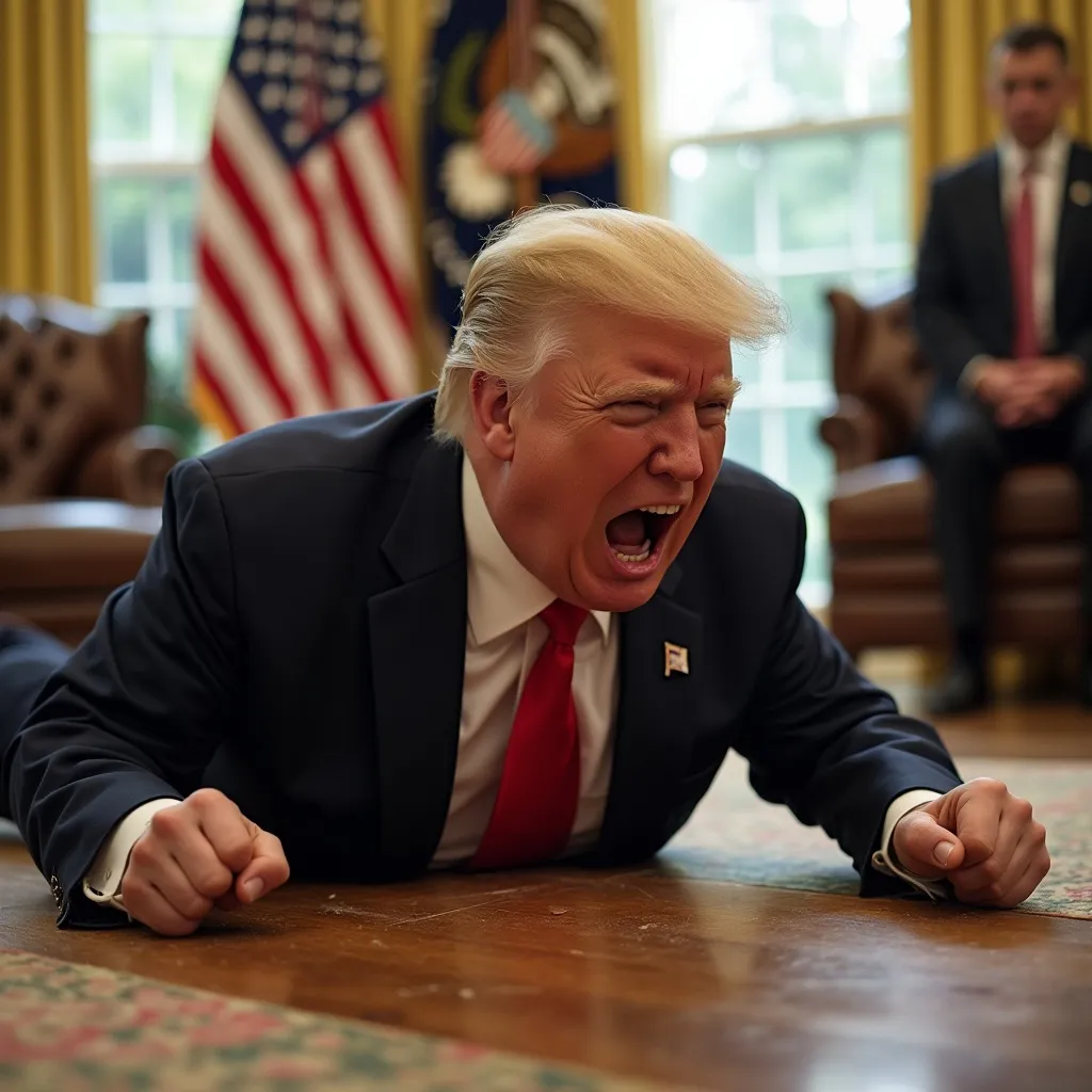 Prompt: Donald Trump is laying on his stomach on the floor of the Oval Office, kicking and screaming and beating his fists on the floor as he throws a temper tantrum and cries like a baby. He is completely lost in hysterical rage.