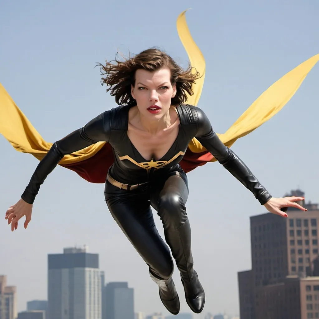 Prompt: milla jovovich superhero flying