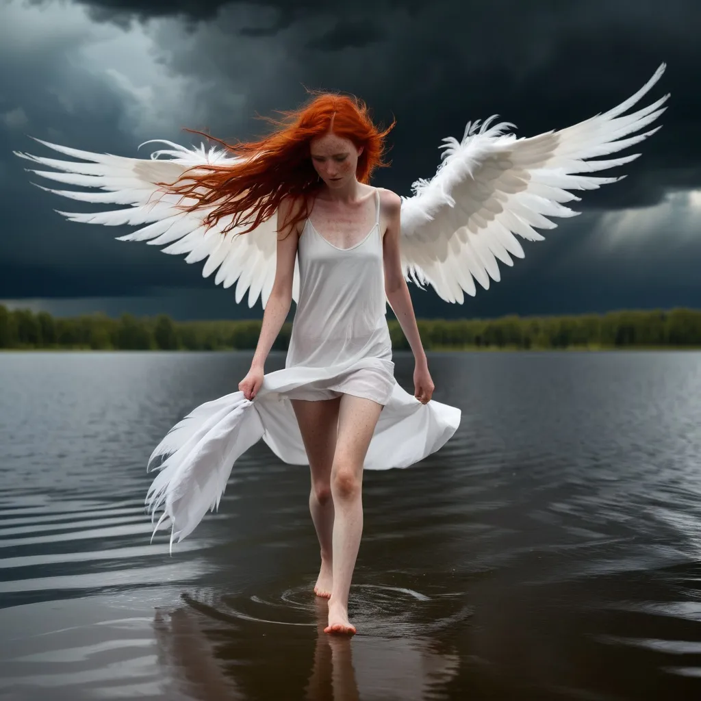 Prompt: She is a slender young woman with wild red hair and lots of freckles. She is walking barefoot on the lake's surface under a stormy sky. She has large white feathery wings and is wearing scant strips of cloth.