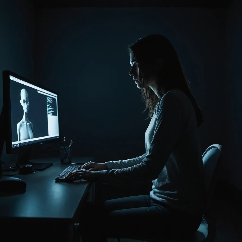 Prompt: a person sits in front of a computer in a dark room, the only light coming from the monitor. It's hard to tell if the person is a male or female, because it is a slender figure. There is a mysterious air about the scene.