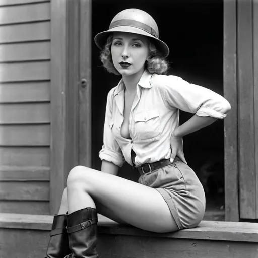 Prompt: Bessie Love, film noir, unbuttoned shirt, pith helmet, boots, shorts