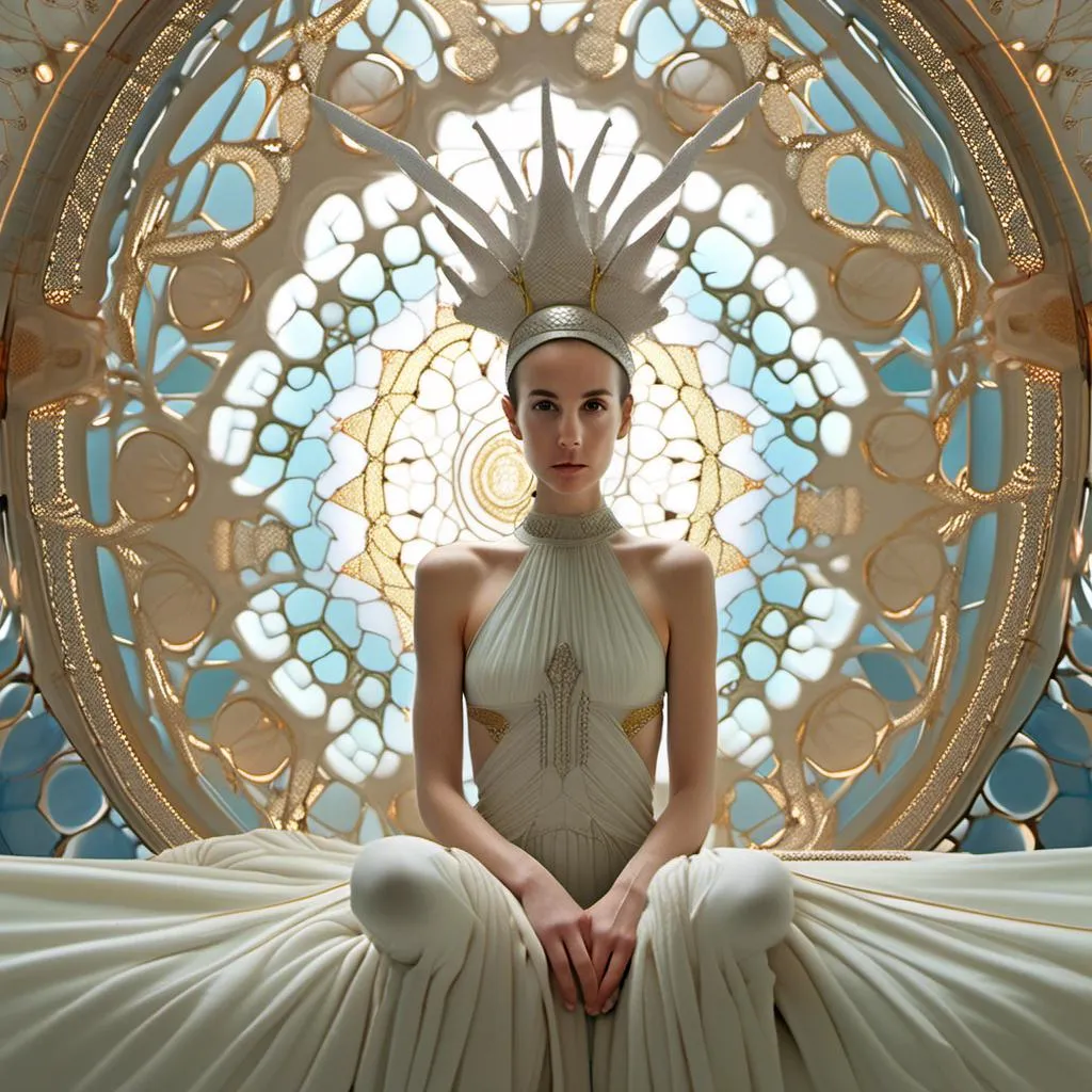 Prompt: <mymodel>surrealism depiction of a (young princess) from a faraway alien world, (wearing skimpy, semitransparent ceremonial garb and a veil), (delicate diadem), inside her (majestic and bizarre throne room), enriched with (muted colors) that blur reality, dreamy atmosphere, intricate alien motifs, ethereal lighting, enchanting ambiance, ultra-detailed, fantastical surroundings evoke awe and wonder.