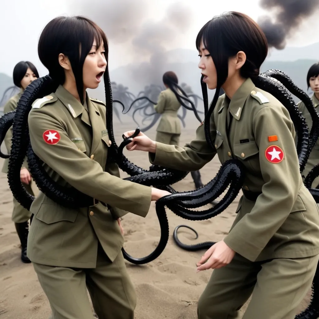 Prompt: thin lesbian Japanese soldiers scared while touched by smokey black tentacles