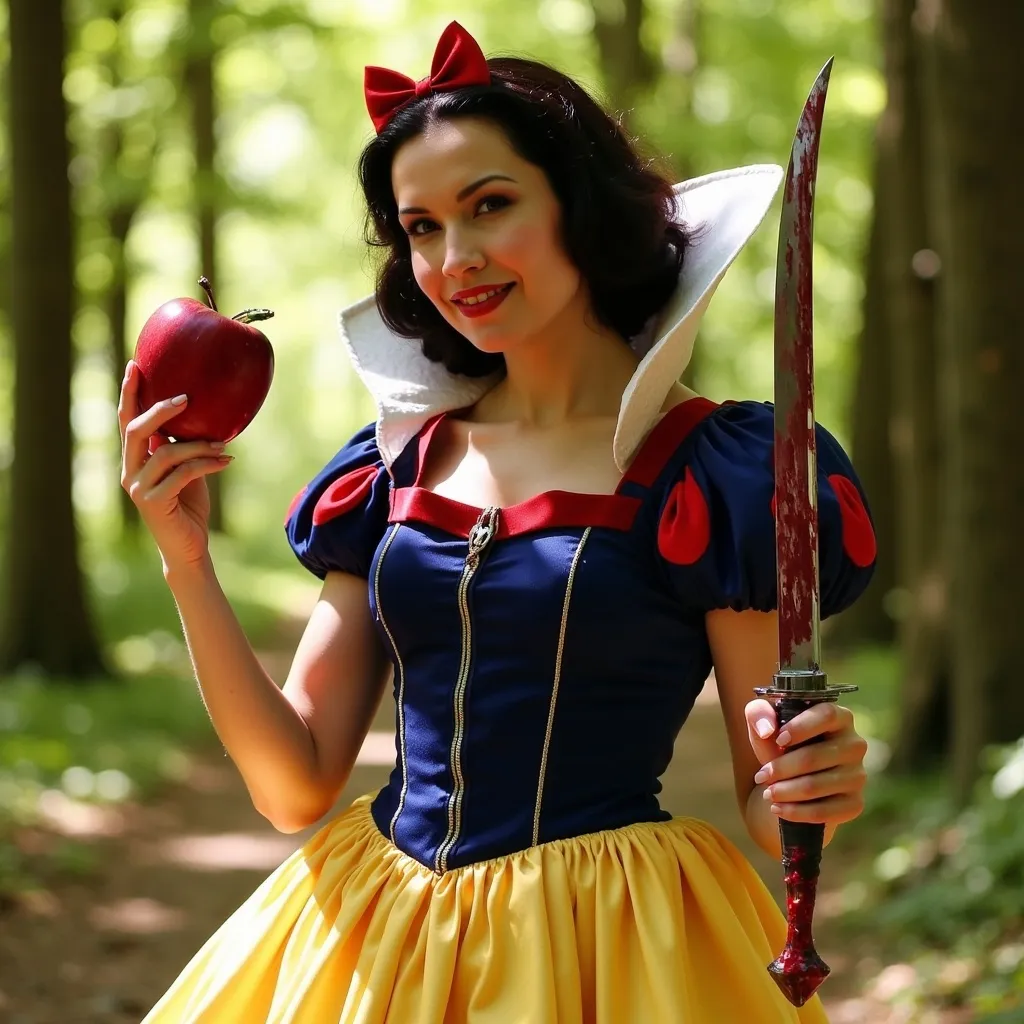 Prompt: She is Snow White, wearing the dress of the Disney version. She is holding a large red apple in one hand and a large dagger dripping with blood in the other. She is in a sun-dappled forest grove. 