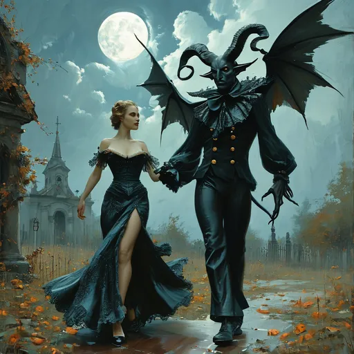 Prompt: a thin young woman in a high slit evening gown with a lace front and a collar waltzes with a handsome demon  in a churchyard under the full moon and storm clouds. He has large curved horns.