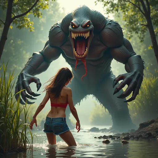 Prompt: A young woman in cutoff jeans shorts and tiny tube top is being attacked by a shadow monster near a pond.