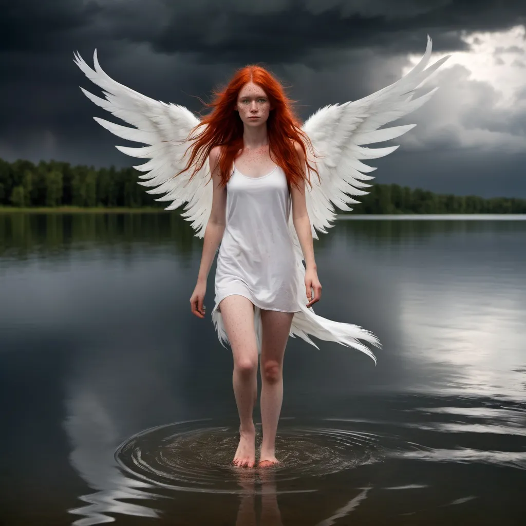 Prompt: She is a slender young woman with wild red hair and lots of freckles. She is walking barefoot on the lake's surface under a stormy sky. She has large white feathery wings