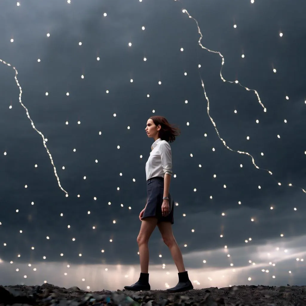 Prompt: <mymodel> is standing on the edge of oblivion, a dark chasm filled with sparkling lights. A stormy sky is overhead.