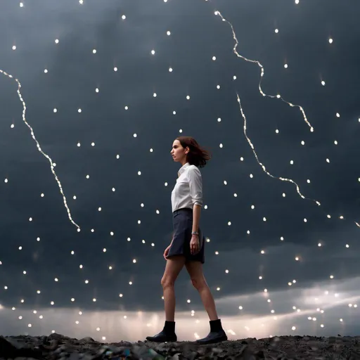 Prompt: <mymodel> is standing on the edge of oblivion, a dark chasm filled with sparkling lights. A stormy sky is overhead.