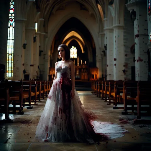 Prompt: <mymodel> young woman in a blood-spattered wedding dress stands in a darkened gothic church. Dark and mysterious atmosphere.